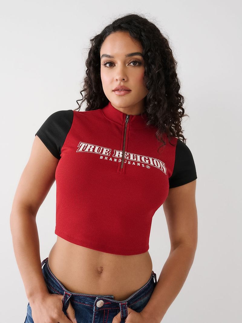 True Religion True Half Zip Crop Oberteile Damen Rot | 40871OASP