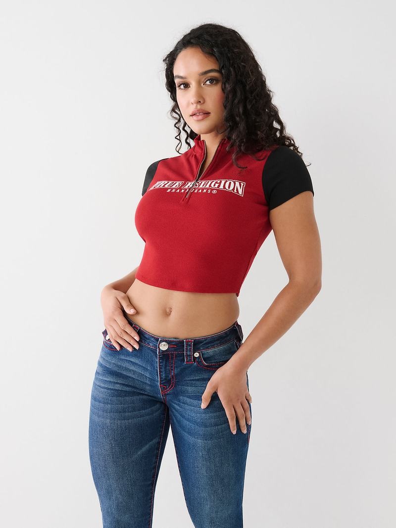 True Religion True Half Zip Crop Oberteile Damen Rot | 40871OASP