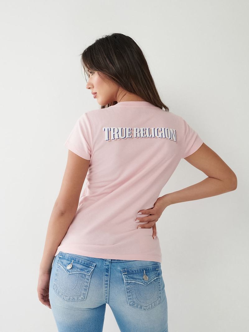 True Religion True Logo V T-Shirts Damen Rosa | 79582KSAF