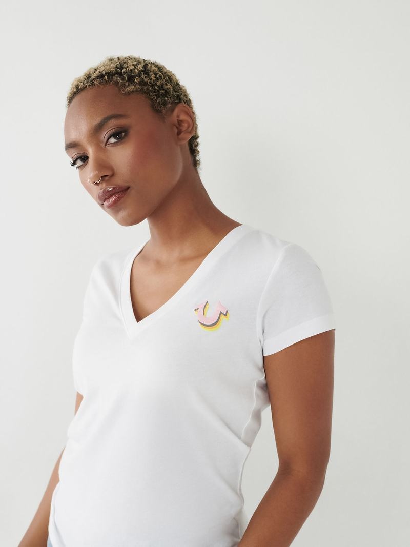 True Religion True Logo V T-Shirts Damen Weiß | 90537EIHX