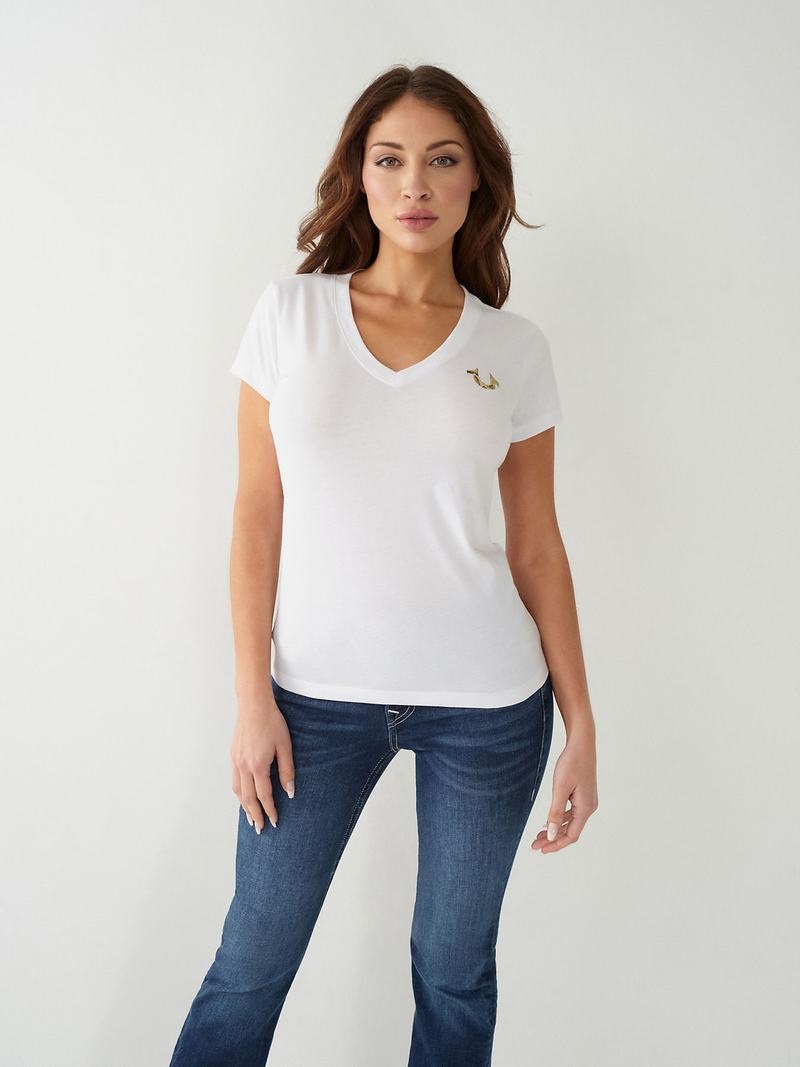 True Religion True Logo V T-Shirts Damen Weiß | 04268IYMD