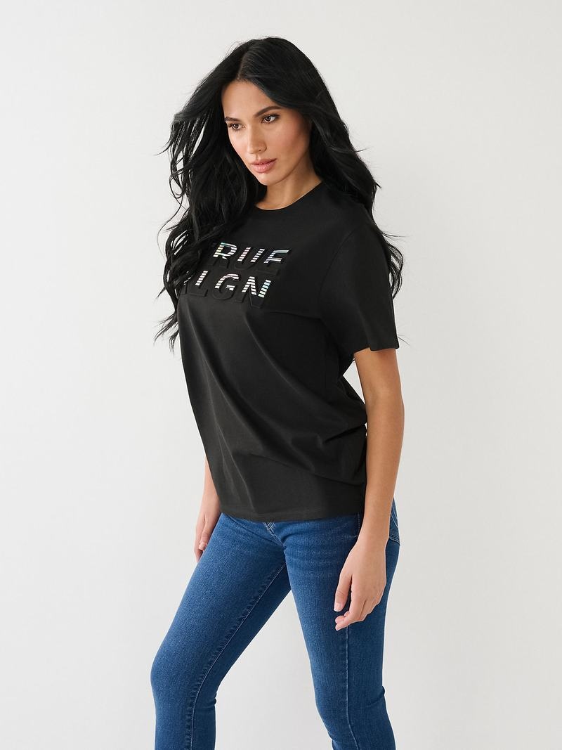 True Religion True Rlgn Logo Boyfriend T-Shirts Damen Schwarz | 35429XANO