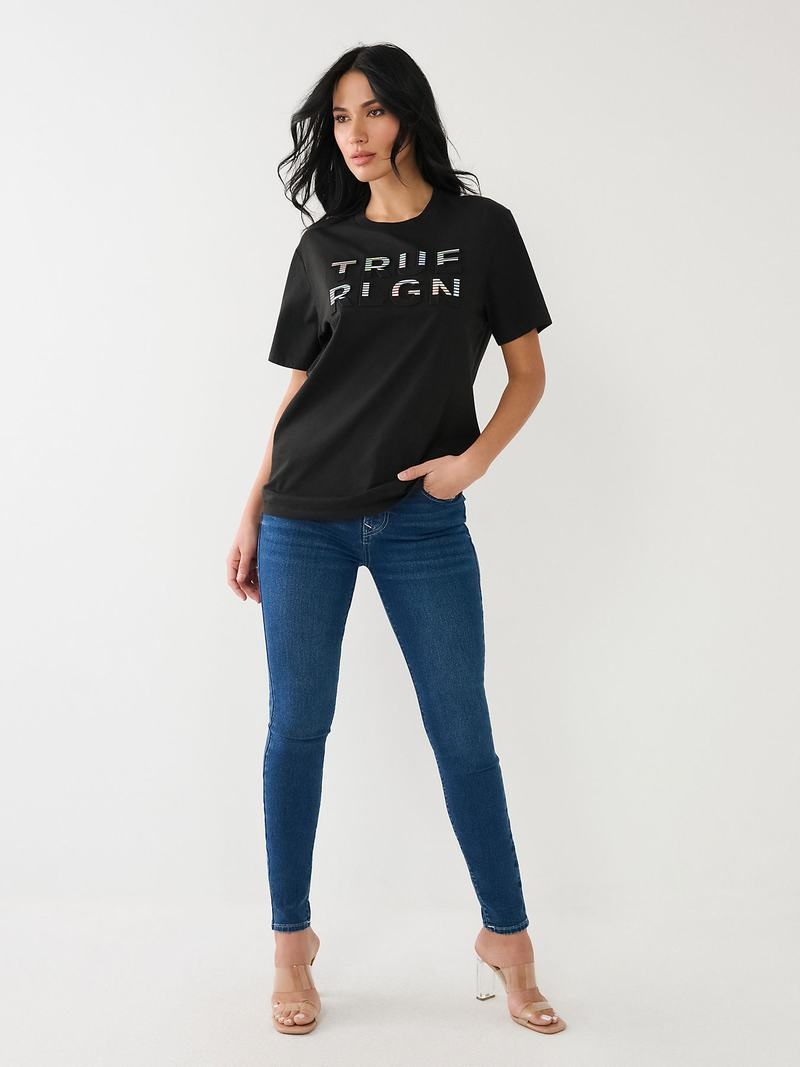 True Religion True Rlgn Logo Boyfriend T-Shirts Damen Schwarz | 35429XANO