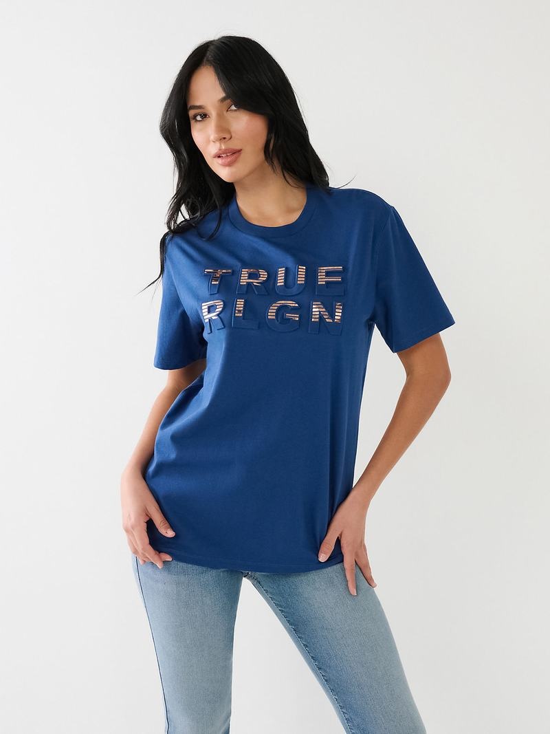 True Religion True Rlgn Logo Boyfriend T-Shirts Damen Blau | 37501OVSU