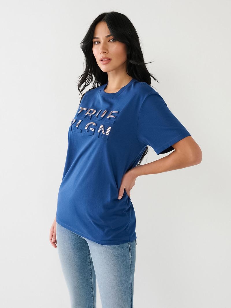 True Religion True Rlgn Logo Boyfriend T-Shirts Damen Blau | 37501OVSU