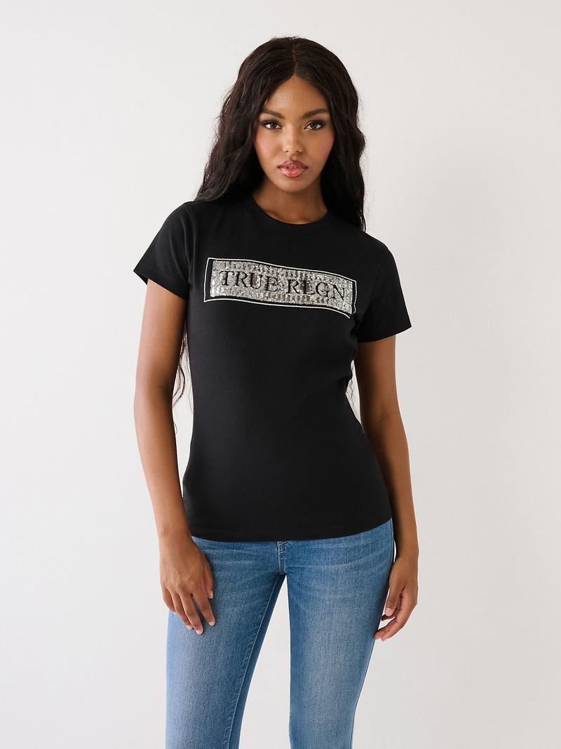 True Religion True Sequin Logo T-Shirts Damen Schwarz | 21643EYXP