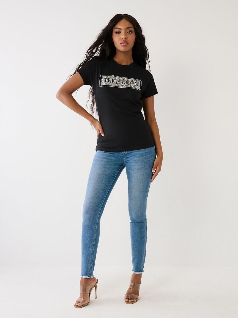 True Religion True Sequin Logo T-Shirts Damen Schwarz | 21643EYXP