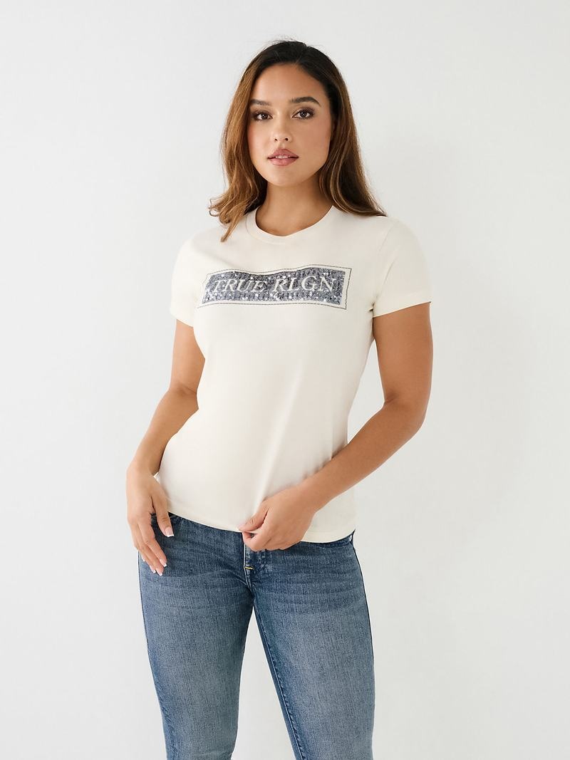 True Religion True Sequin Logo T-Shirts Damen Weiß | 14926ZBMY