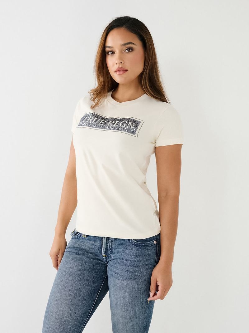 True Religion True Sequin Logo T-Shirts Damen Weiß | 14926ZBMY