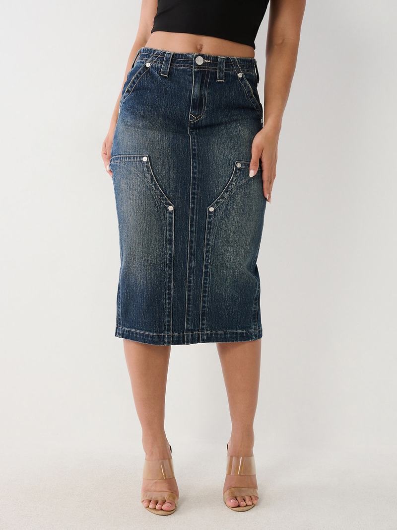 True Religion Utility Midi Denim Rock Damen Dunkelwaschen | 38215ILWZ