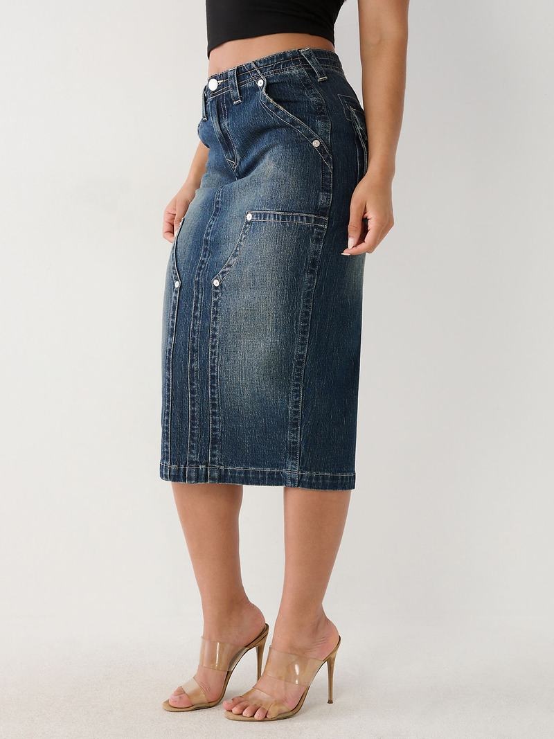 True Religion Utility Midi Denim Rock Damen Dunkelwaschen | 38215ILWZ