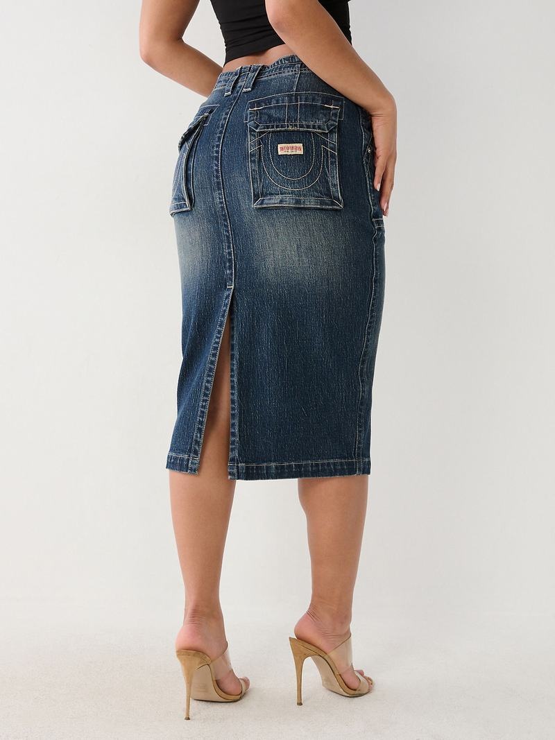 True Religion Utility Midi Denim Rock Damen Dunkelwaschen | 38215ILWZ