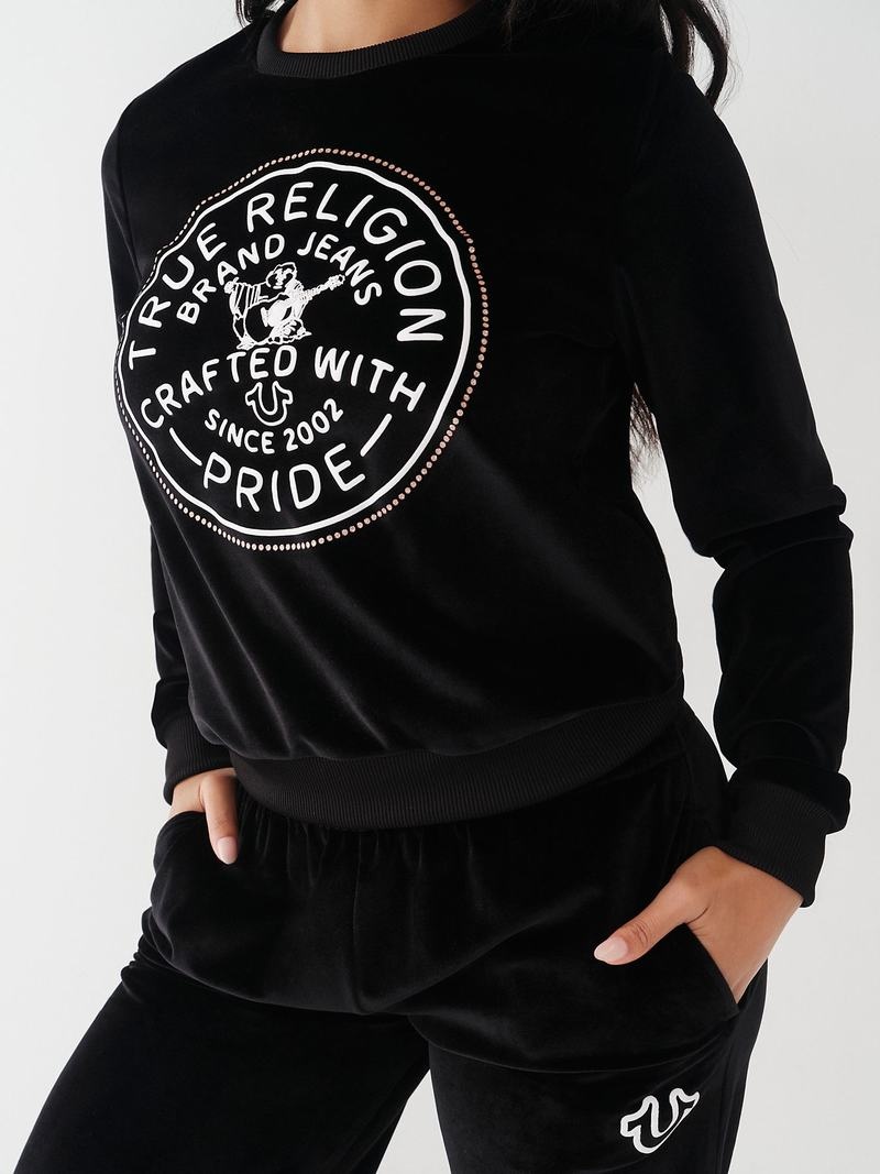 True Religion Velour Crystal Sweatshirt Damen Schwarz | 53974EIHL