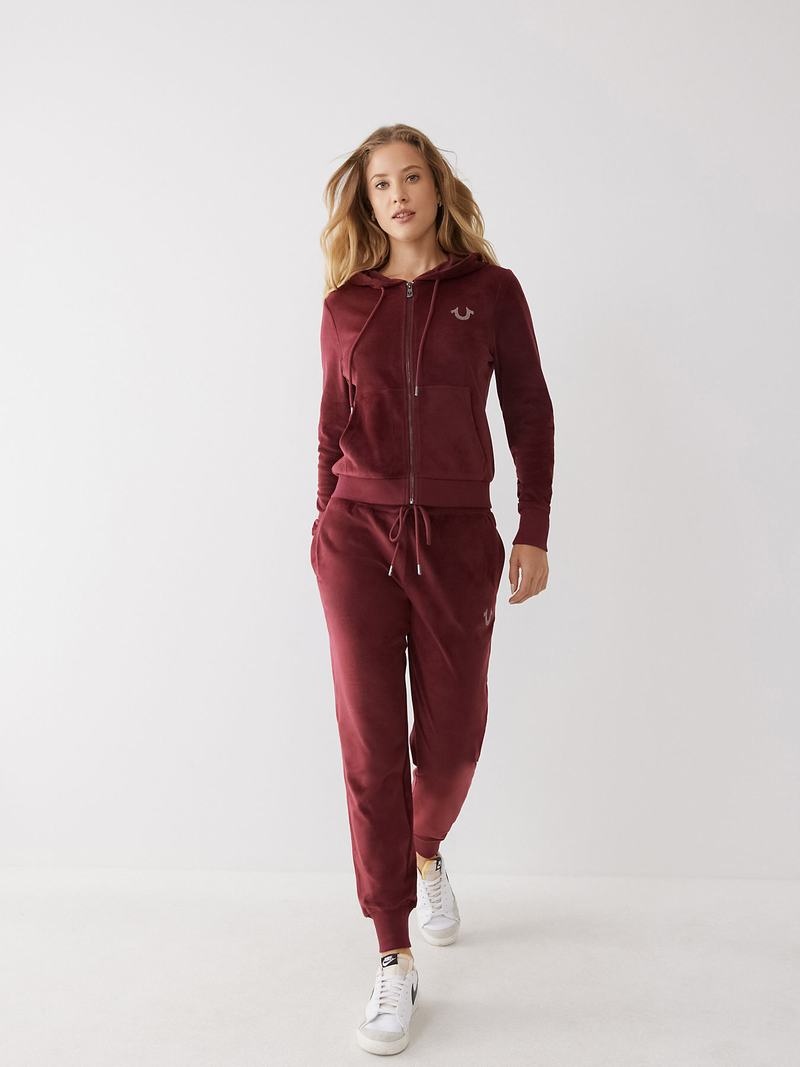 True Religion Velour Logo Jogginghose Damen Bordeaux | 85712OFCV