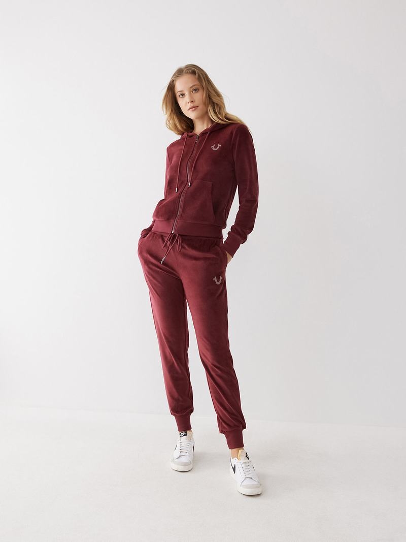 True Religion Velour Logo Zip Hoodie Damen Bordeaux | 93786IMJL