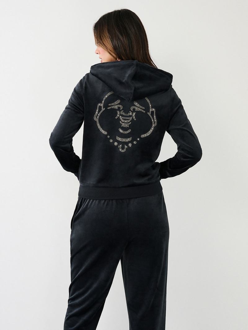 True Religion Velour Zip Hoodie Damen Schwarz | 57634IYFE