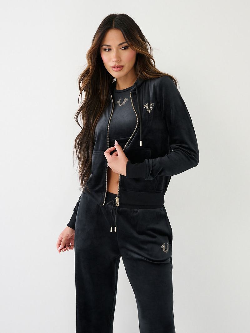 True Religion Velour Zip Hoodie Damen Schwarz | 57634IYFE