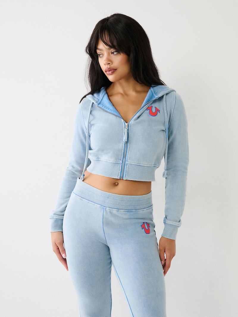 True Religion Washed Big T Logo Crop Hoodie Damen Hellblau | 70461APDG