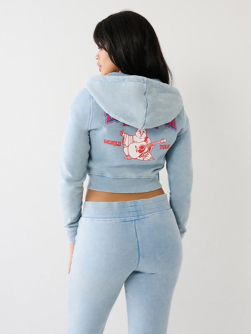 True Religion Washed Big T Logo Crop Hoodie Damen Hellblau | 70461APDG