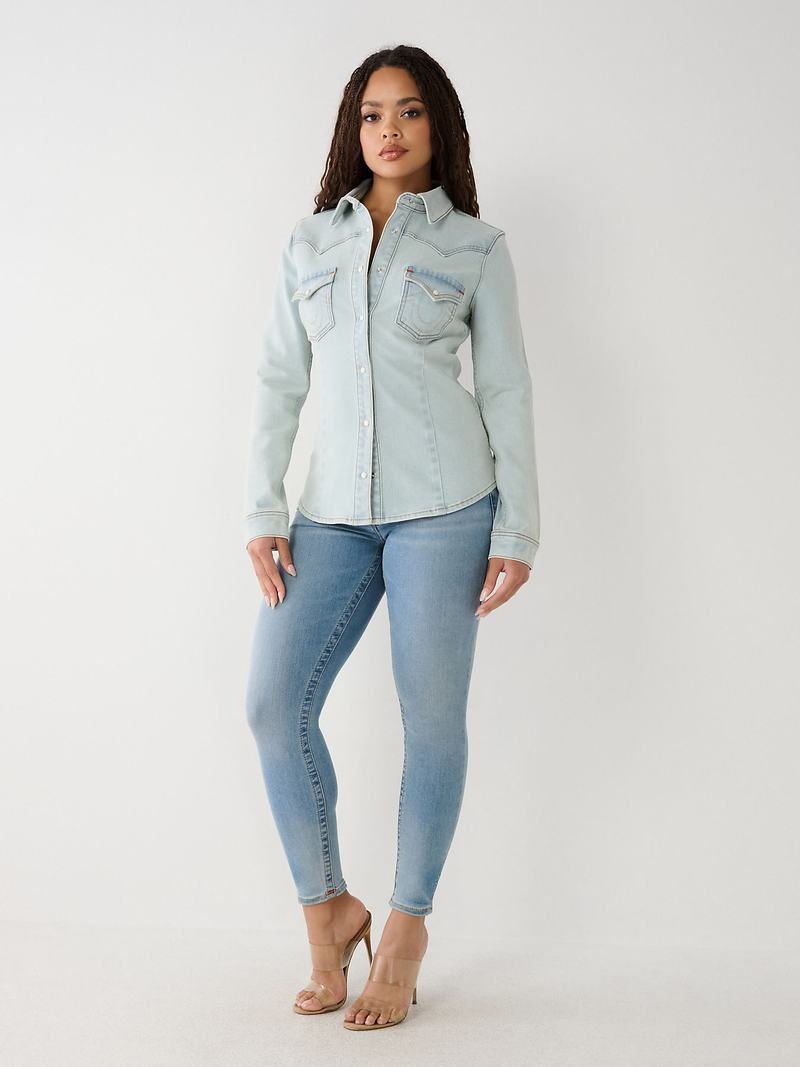 True Religion Western Denim Hemd Damen Blau | 85963IXBS