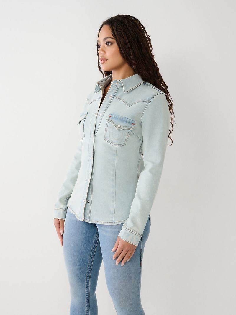 True Religion Western Denim Hemd Damen Blau | 85963IXBS