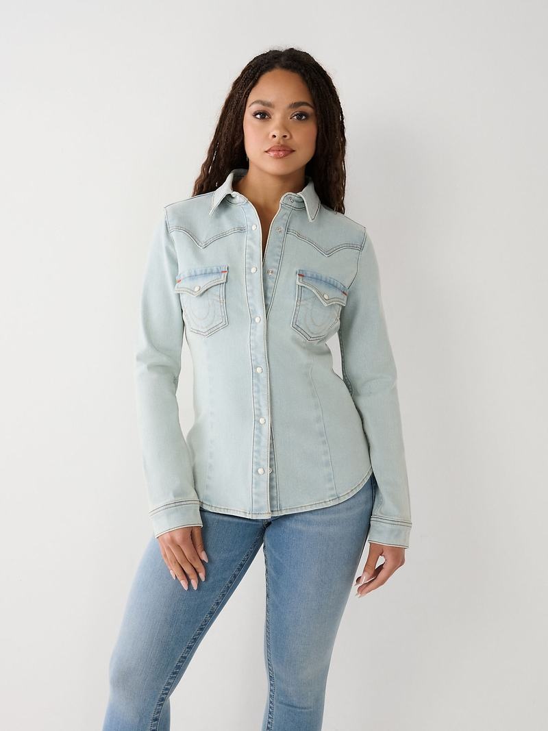 True Religion Western Denim Hemd Damen Blau | 85963IXBS