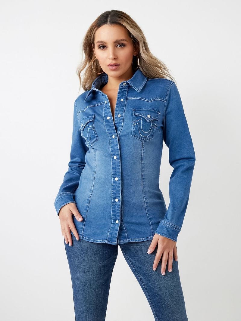 True Religion Western Denim Hemd Damen Blau Waschen | 90217CSOW