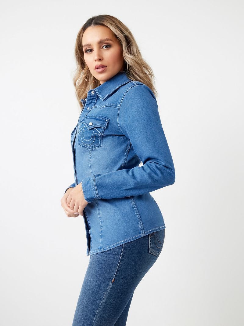 True Religion Western Denim Hemd Damen Blau Waschen | 90217CSOW