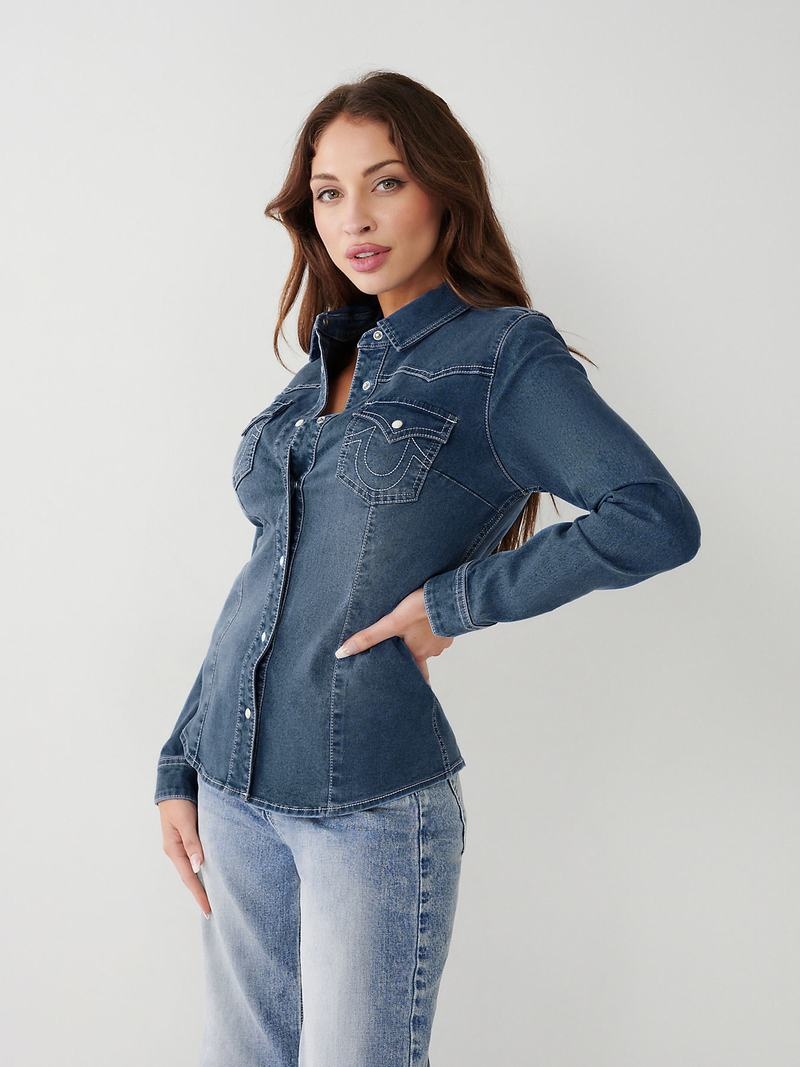 True Religion Western Denim Hemd Damen Dunkelblau Waschen | 52167RMJI