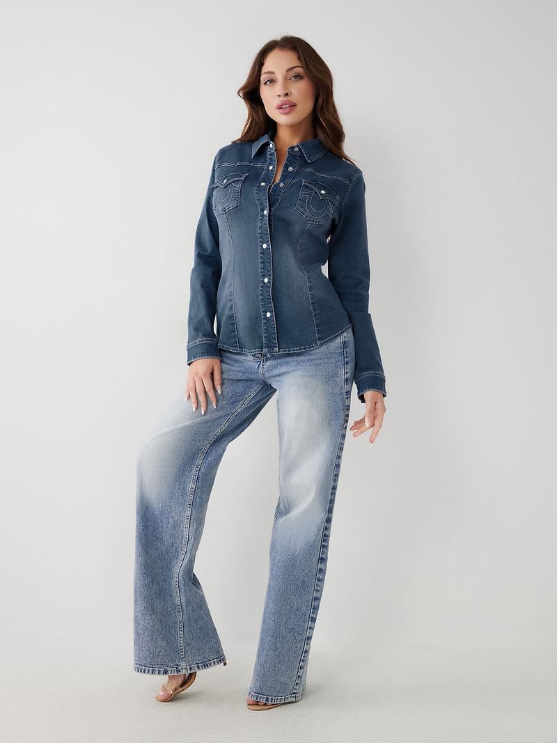 True Religion Western Denim Hemd Damen Dunkelblau Waschen | 52167RMJI