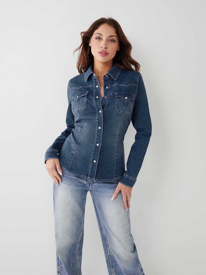 True Religion Western Denim Hemd Damen Dunkelblau Waschen | 52167RMJI