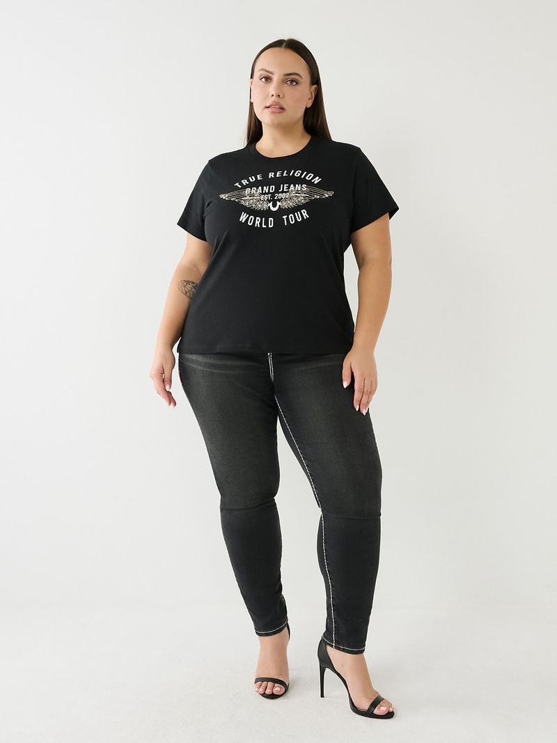 True Religion World Tour Retro Crystal Slim Crew Logo T-Shirts Damen Schwarz | 80425BUWN