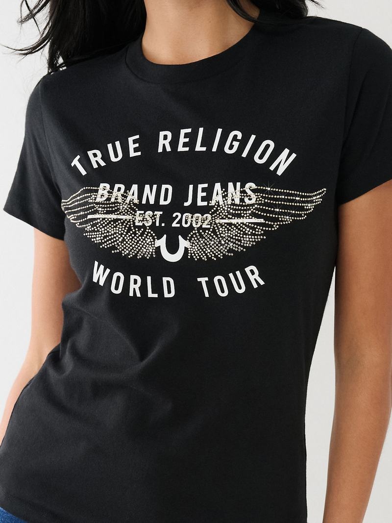 True Religion World Tour Retro Crystal Slim Crew Logo T-Shirts Damen Schwarz | 80425BUWN