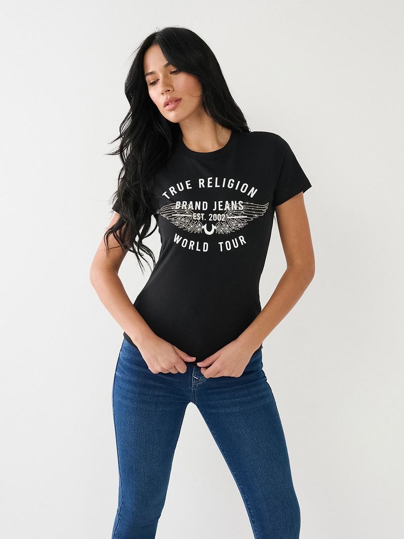 True Religion World Tour Retro Crystal Slim Crew Logo T-Shirts Damen Schwarz | 80425BUWN