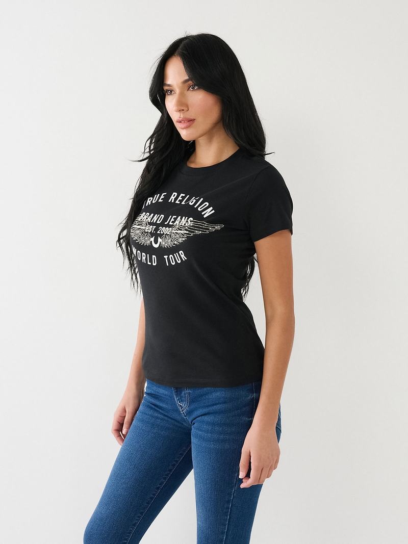 True Religion World Tour Retro Crystal Slim Crew Logo T-Shirts Damen Schwarz | 80425BUWN