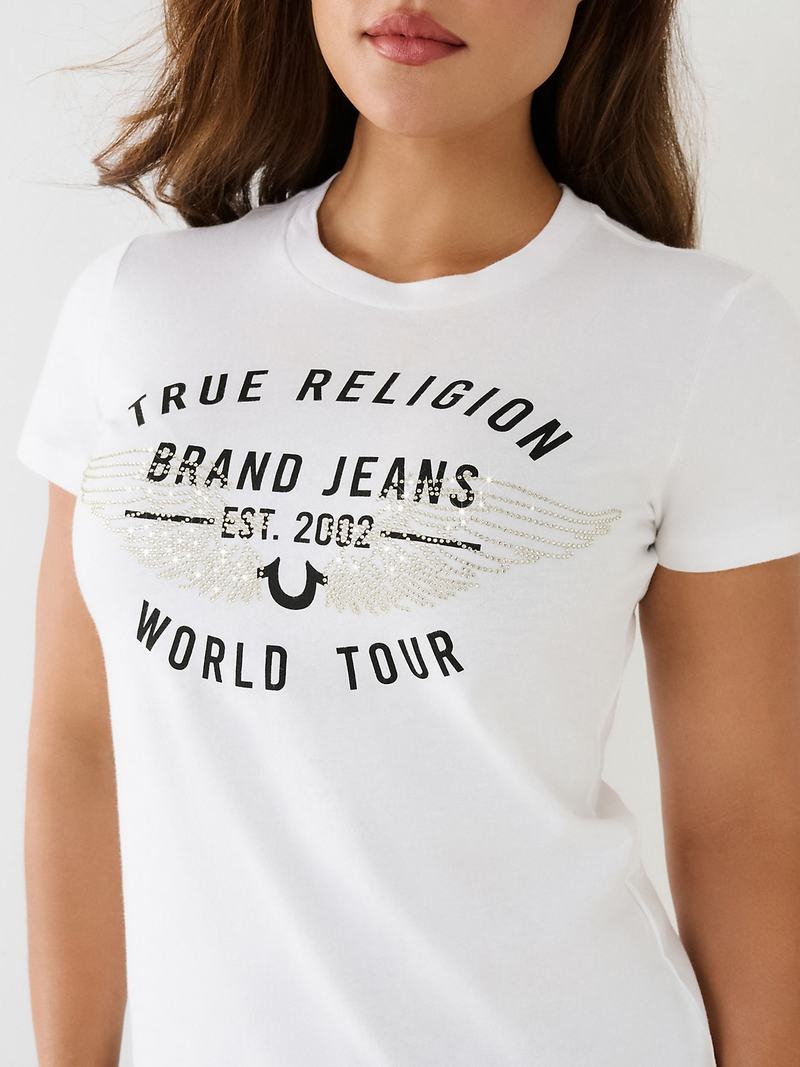 True Religion World Tour Retro Crystal Slim Crew Logo T-Shirts Damen Weiß | 69584SNYG