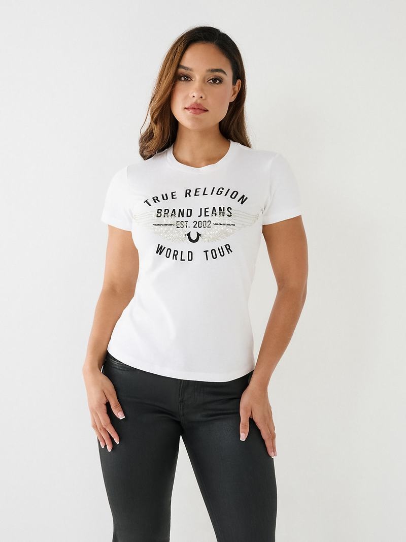 True Religion World Tour Retro Crystal Slim Crew Logo T-Shirts Damen Weiß | 69584SNYG