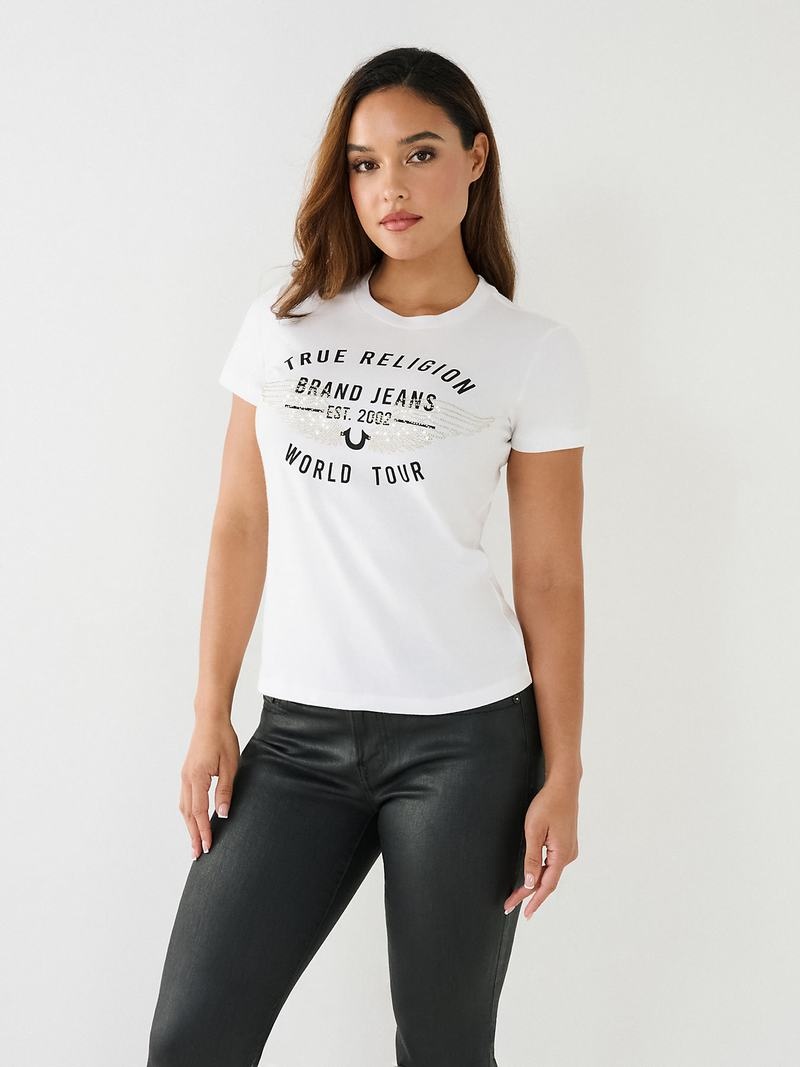 True Religion World Tour Retro Crystal Slim Crew Logo T-Shirts Damen Weiß | 69584SNYG