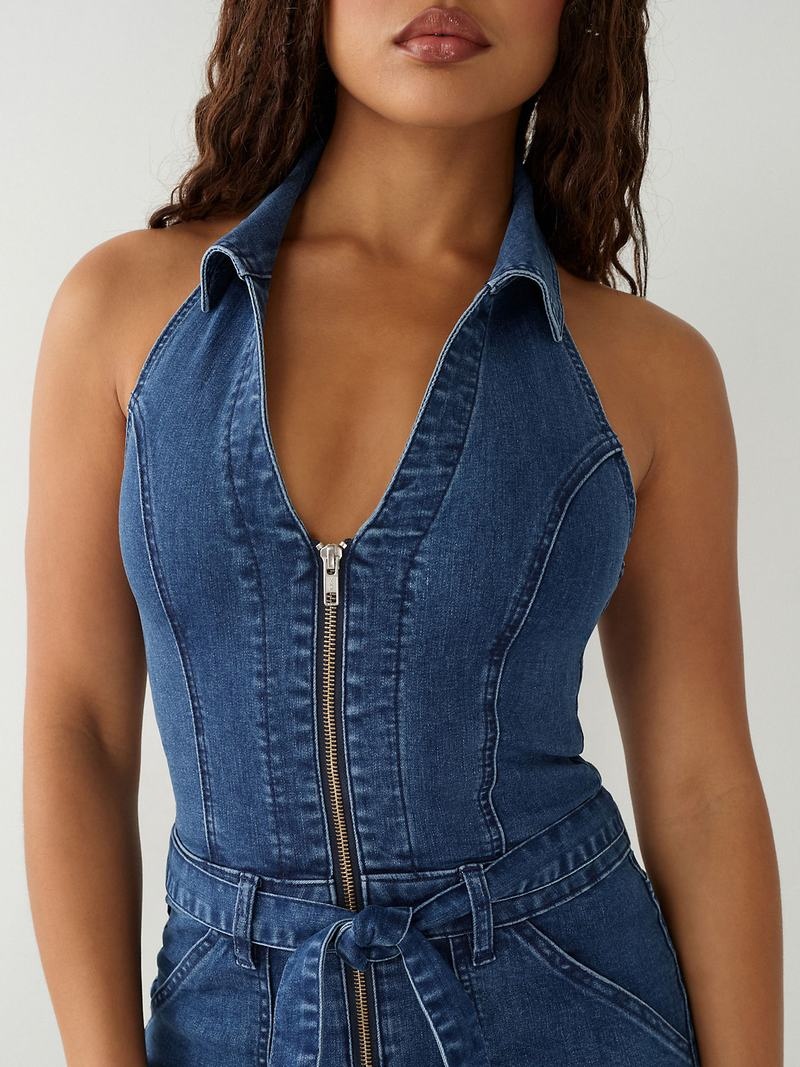 True Religion Zip Denim Jumpsuit Damen Indigo Waschen | 79283VXAW