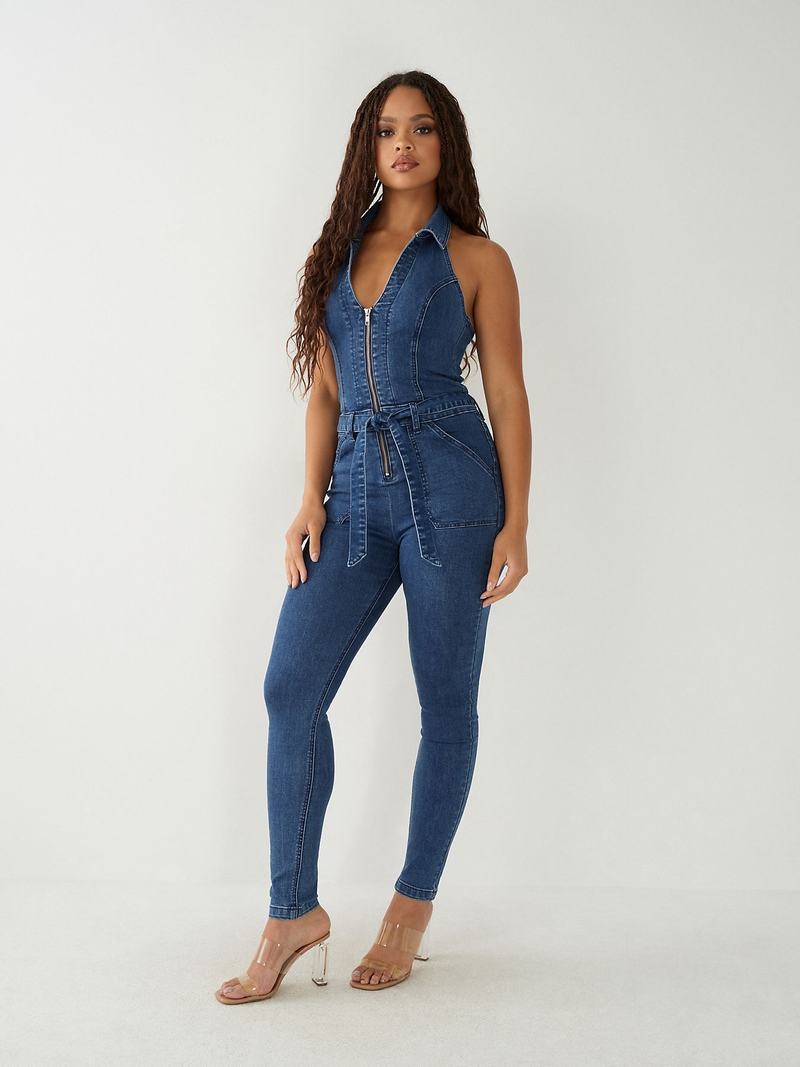 True Religion Zip Denim Jumpsuit Damen Indigo Waschen | 79283VXAW