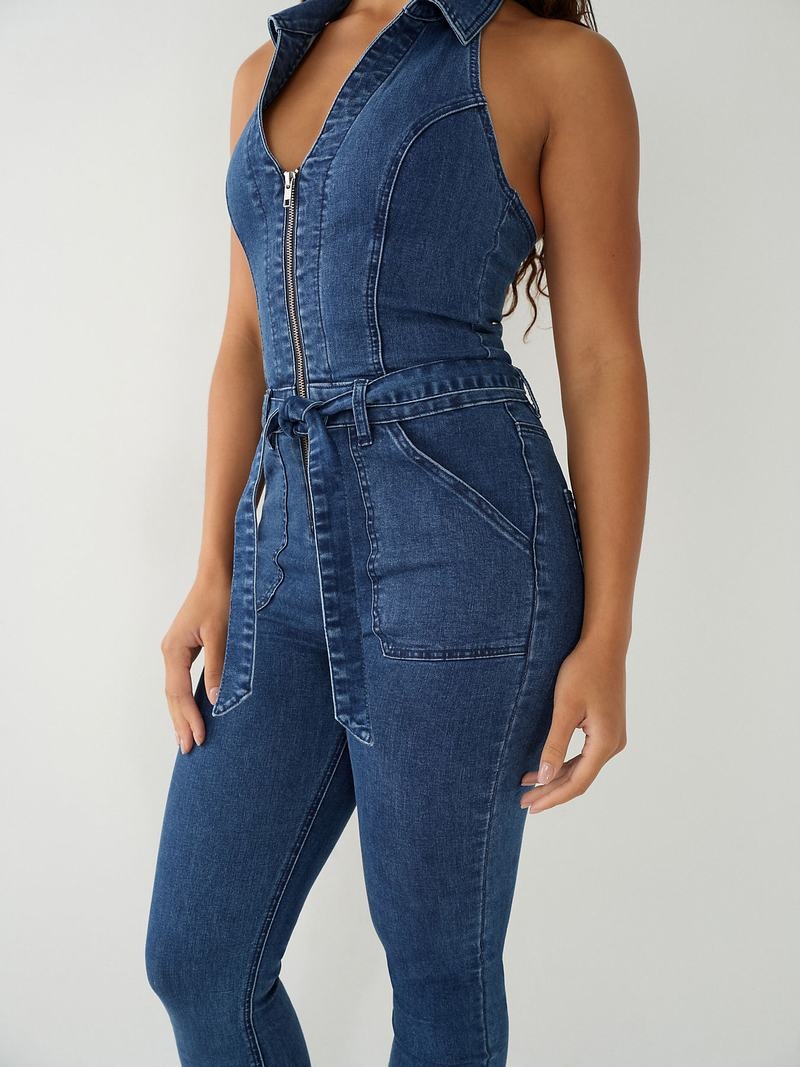 True Religion Zip Denim Jumpsuit Damen Indigo Waschen | 79283VXAW