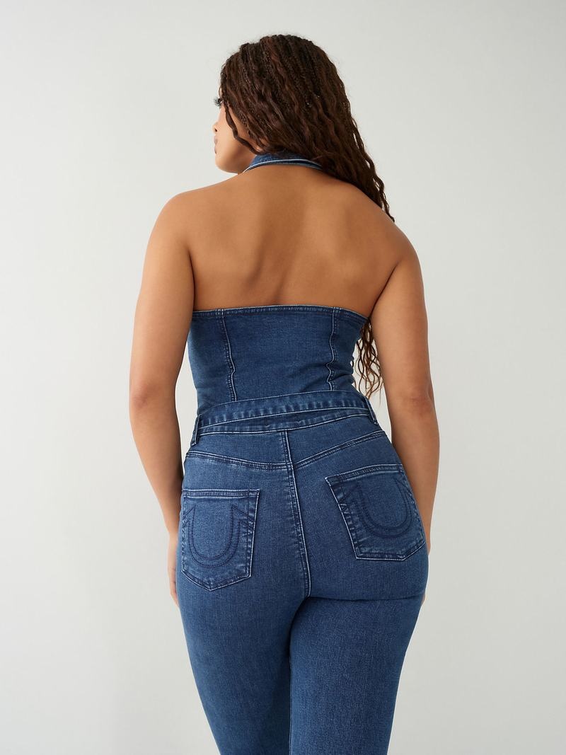 True Religion Zip Denim Jumpsuit Damen Indigo Waschen | 79283VXAW