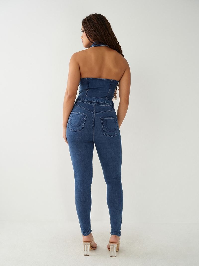 True Religion Zip Denim Jumpsuit Damen Indigo Waschen | 79283VXAW