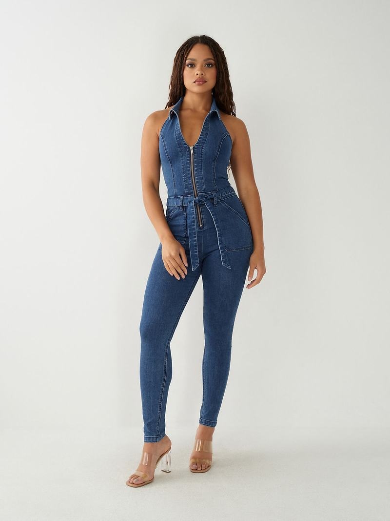 True Religion Zip Denim Jumpsuit Damen Indigo Waschen | 79283VXAW