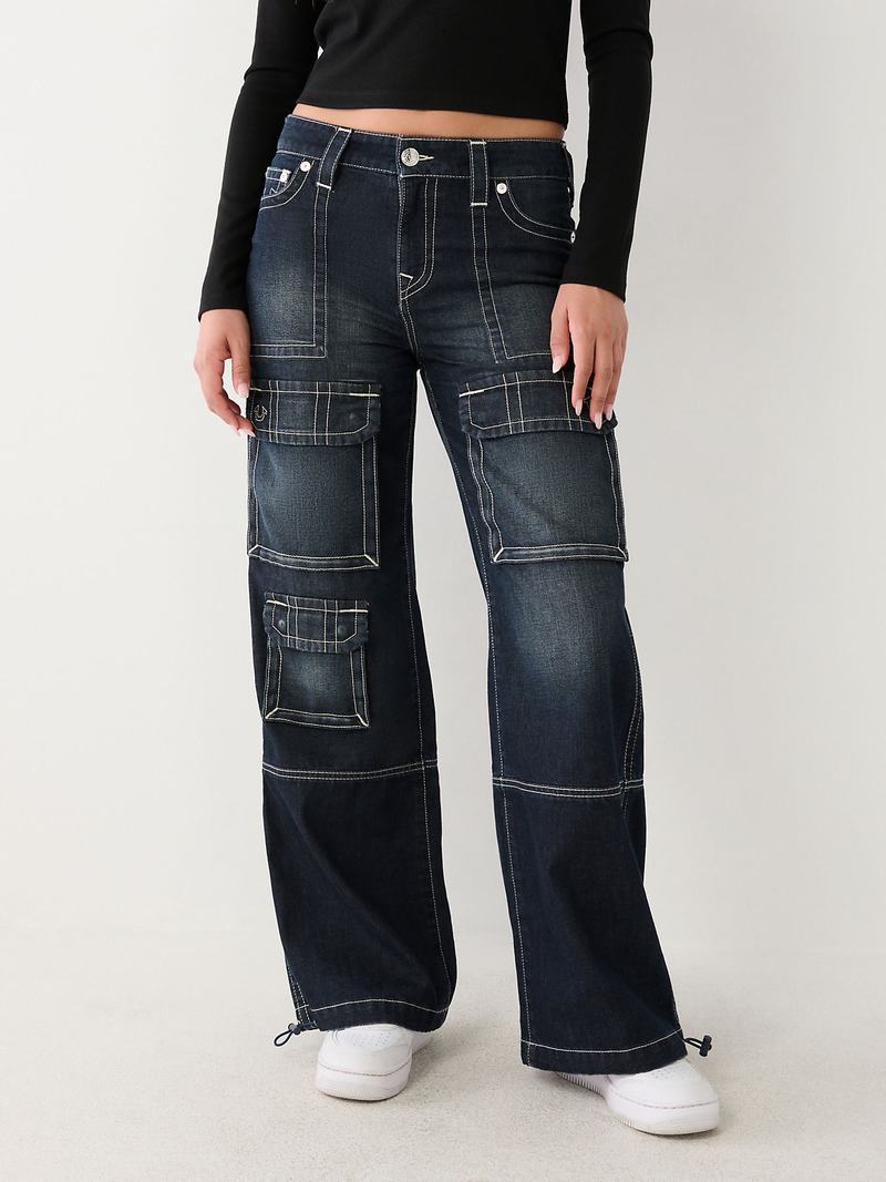 True Religion Bobbi Cargo Baggy Cargo Jeans Damen Dunkelwaschen | 61408BFKR