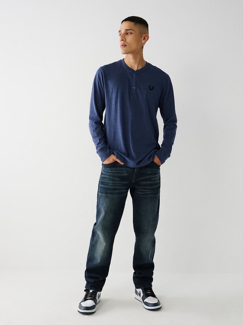 True Religion Logo Henley Hemd Herren Navy Grau | 05681SAUI