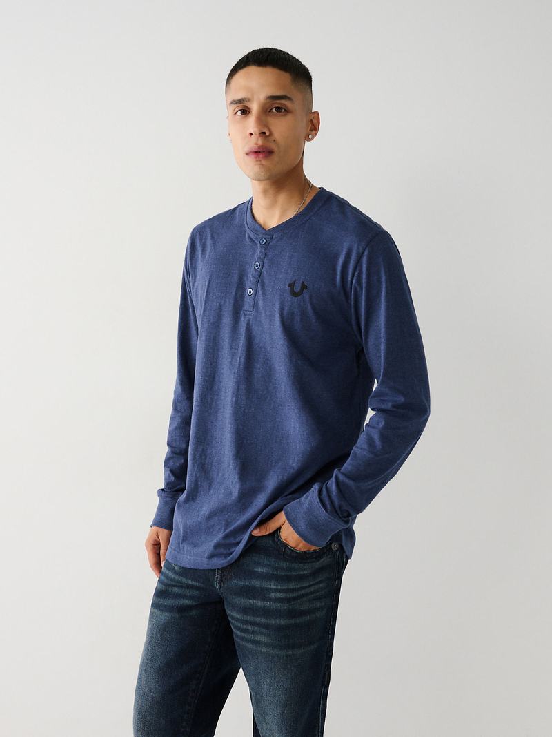 True Religion Logo Henley Hemd Herren Navy Grau | 05681SAUI