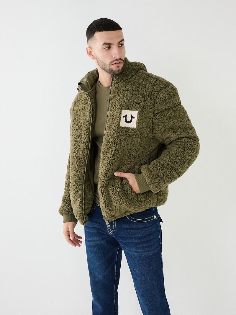 True Religion Faux Shearling Puffer Jacke Herren Olivgrün | 30914YKIR