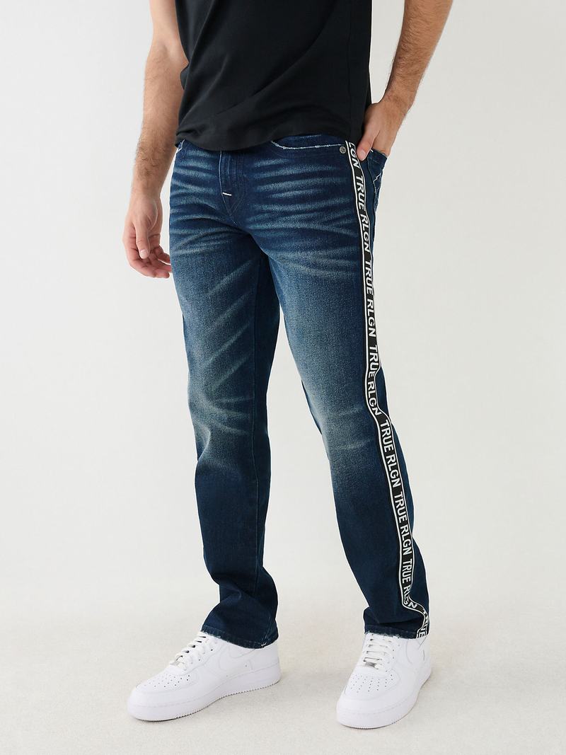 True Religion Ricky Side Stripe Straight Jeans Herren Dunkelblau | 15794ZMIB